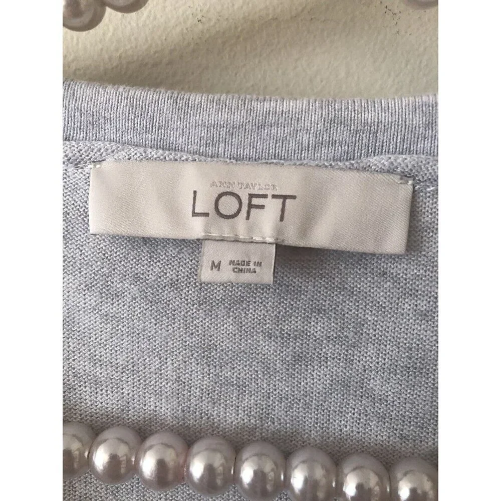 LOFT Womens Size M Cardigan Sweater Button Front Gray White Lace Crochet Front